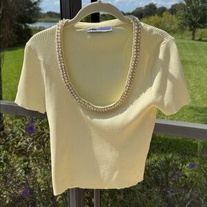 Zara XL pale yellow beaded scoop neck knit crop top